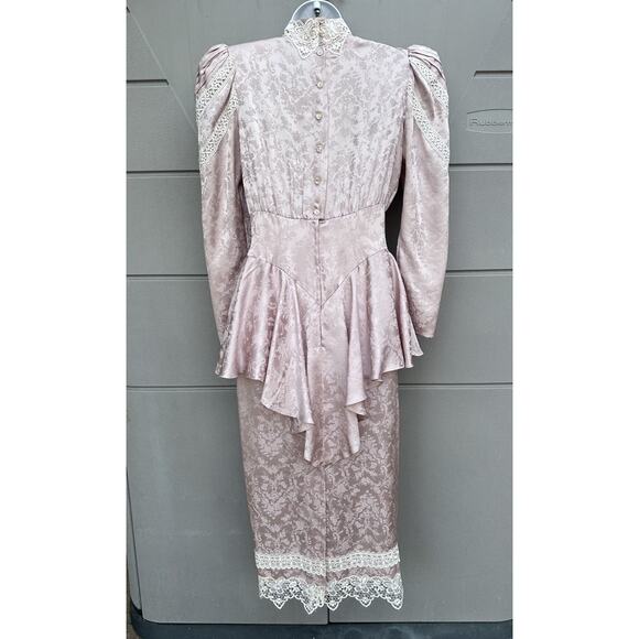 VTG JESSICA McCLINTOCK Pink Silk Lace Prairie Dress High Neck Victorian Cottage - Picture 6 of 16